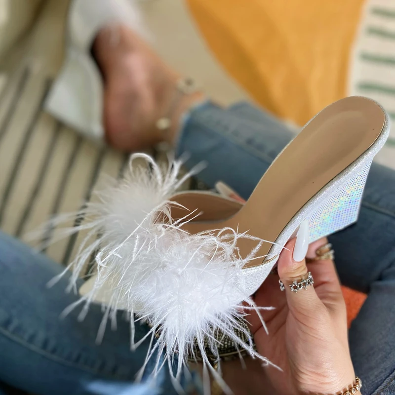 Eilyken Feather Wedges Heels Fur Slippers Sandals Women Pointed toe Mules Lady Pumps Slides Zapatillas De Mujer