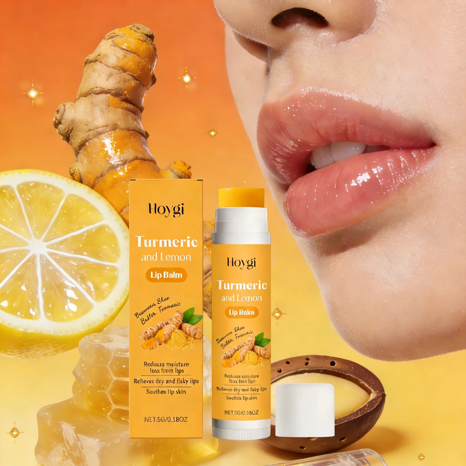 Hoygi Turmeric and Lemon Lip Balm Lip Brightening for Dark Lips Care Dry Lips Treatment Dead Skin Remover Moisturizing Lip Balm