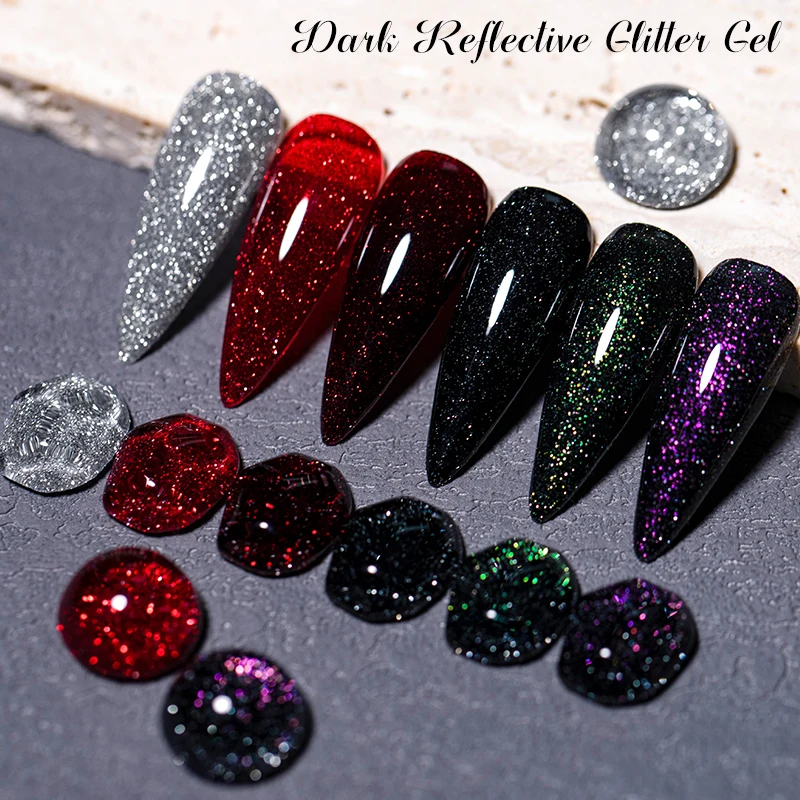 Dark สะท้อนแสง Glitter เจลเล็บ Holographic เลเซอร์ Super Shine สีแดงสีดํา Glitter กึ่งถาวร Soak Off UV GEL เคลือบเงา