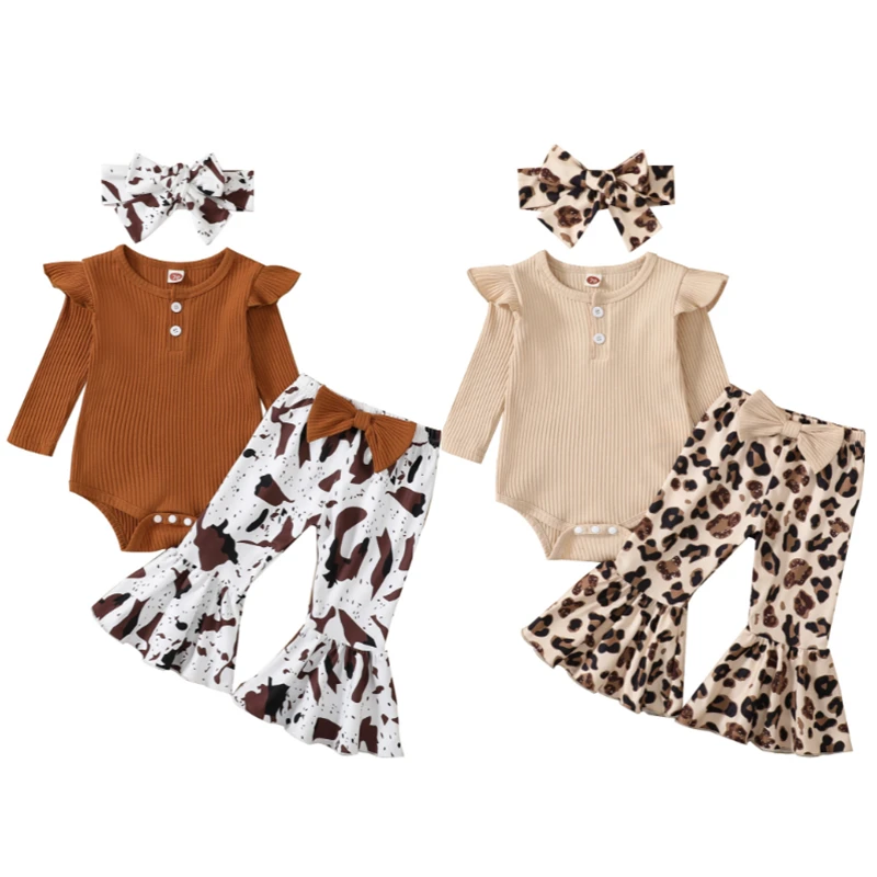 

Autumn Newborn Infant Baby Girls Clothing Solid Color Ribbed Long Sleeve Romper + Leopard/Cow Print Flare Pants Headband Outfit