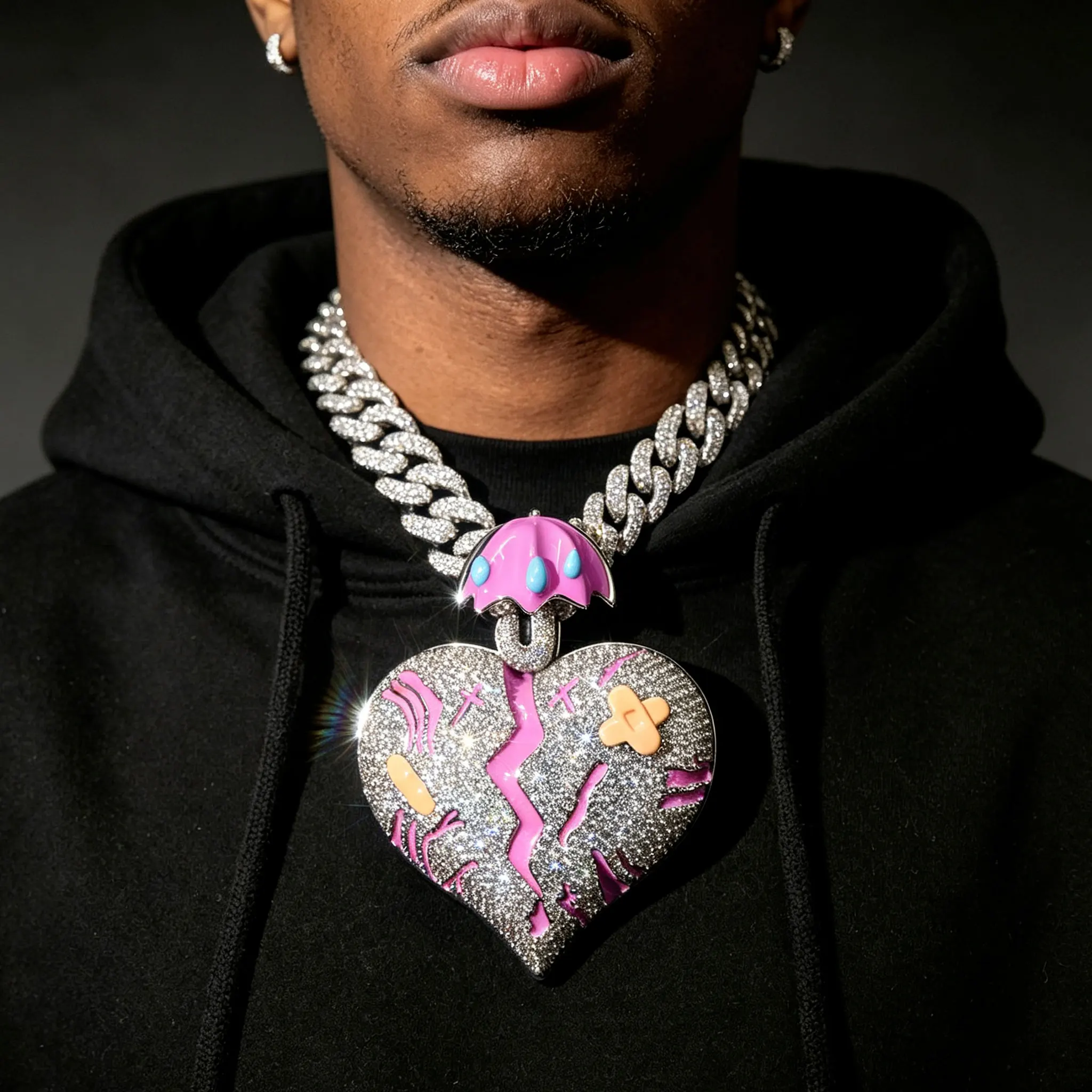 LYEE CYEE Hip Hop Style Cartoon Heart Umbrella Flower Pendant Colored Enamel Mushroom Pendant Necklace Fashion Rap Singer Street Accessories Party Gifts Can be Paired with Cuban Chain Unique Jewelry