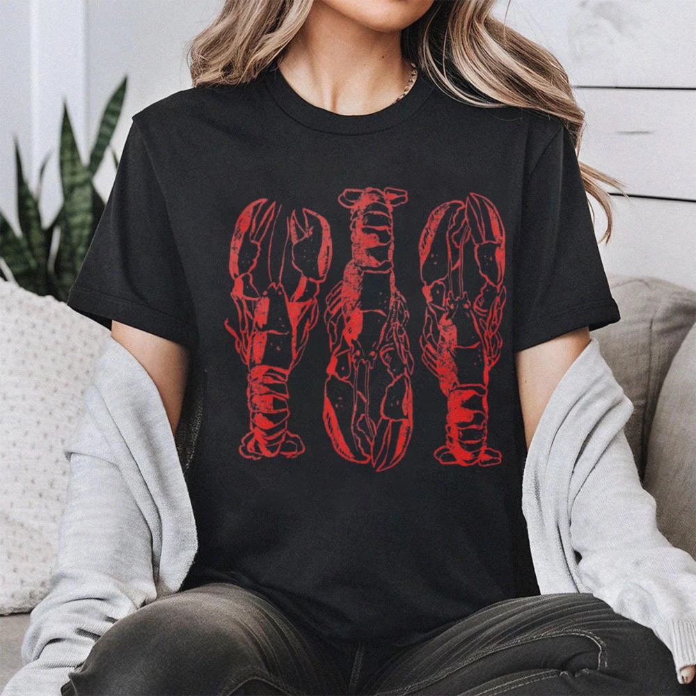 Vintage Lobster Print T-Shirt Beach Vacation Clothing Lobster Lover Gift Shirt Women Daily Life Casual Cotton Short Sleeve