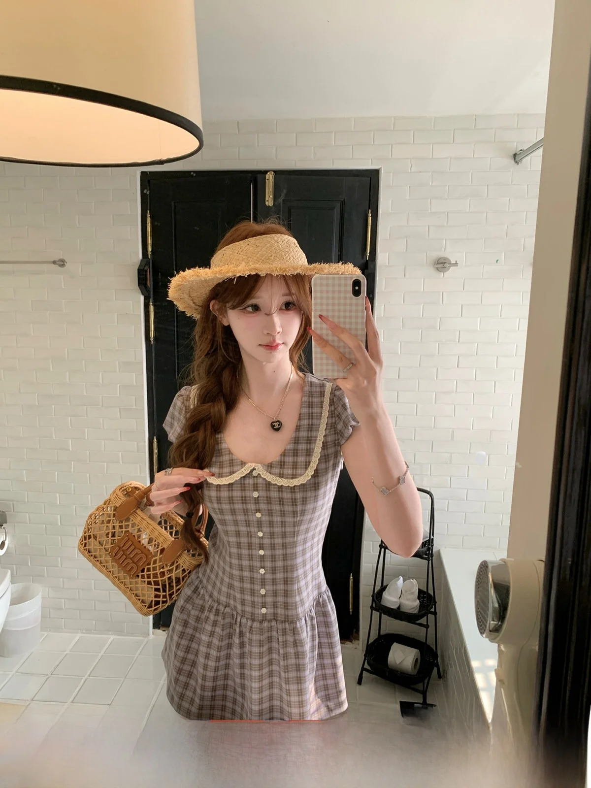 

Платье ThePeachOfficial в стиле ретро с клетчатым узором, в студенческом стиле, с рукавами-фонариками, во французском стиле, с комбинированными вставками, из смесового полиэстера и хлопка, А-силуэт