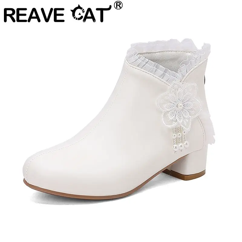 

REAVE CAT Sale Sweet Women Ankle Boots Round Toe Block Heel Back Zipper String Beads Dating Girls Booties Extended Sizes 47-48
