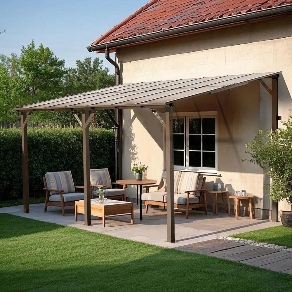 

10’ x 14’ Gazebo, Outdoor Large Wall Mounted Gazebo Pergola with Sloped Roof, Patio Heavy Duty Lean to Awnings for Backyard, Dec