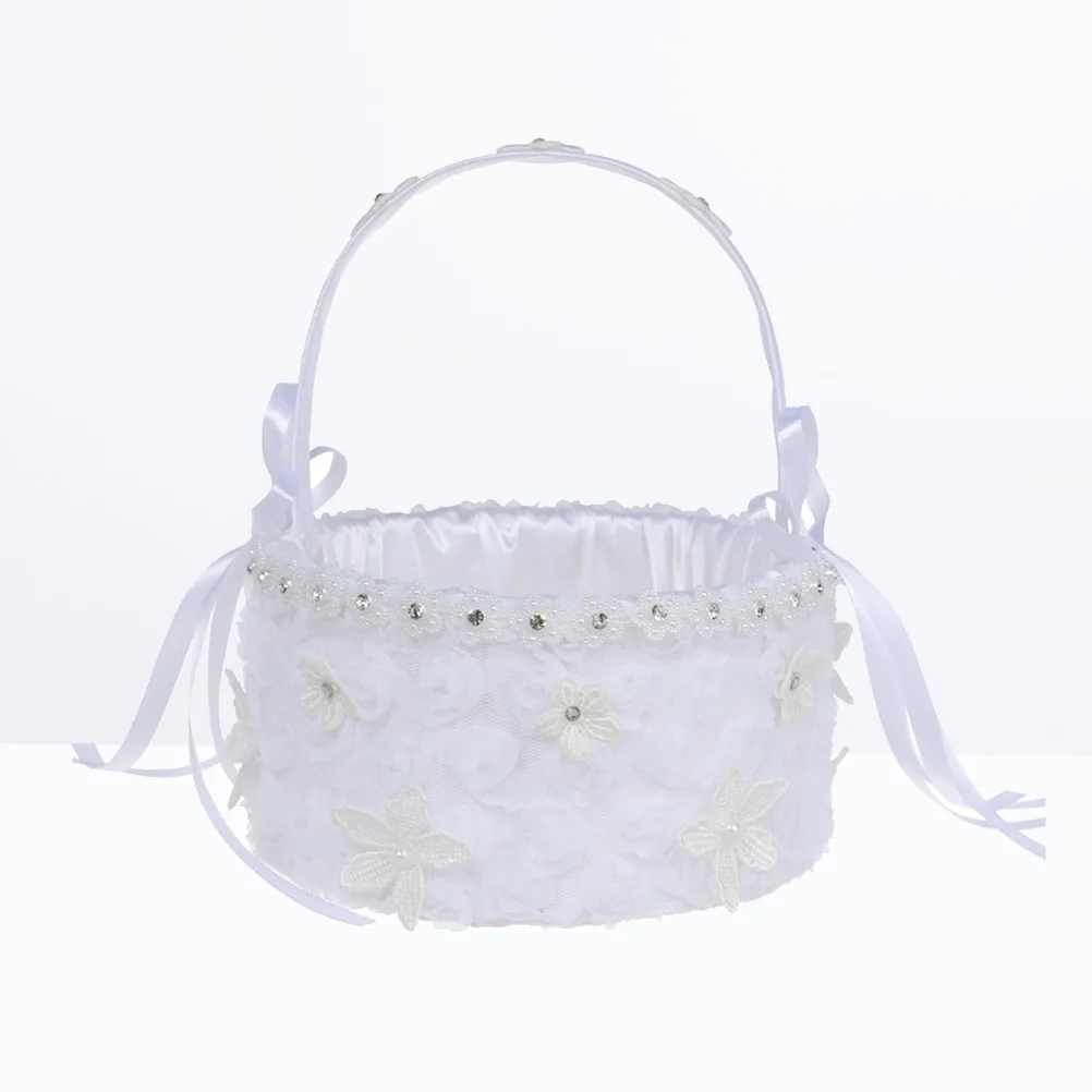 

Ribbon Bow Flower Basket Wedding Lace Petals Holder Bride Basket Party Photo Props Holder White