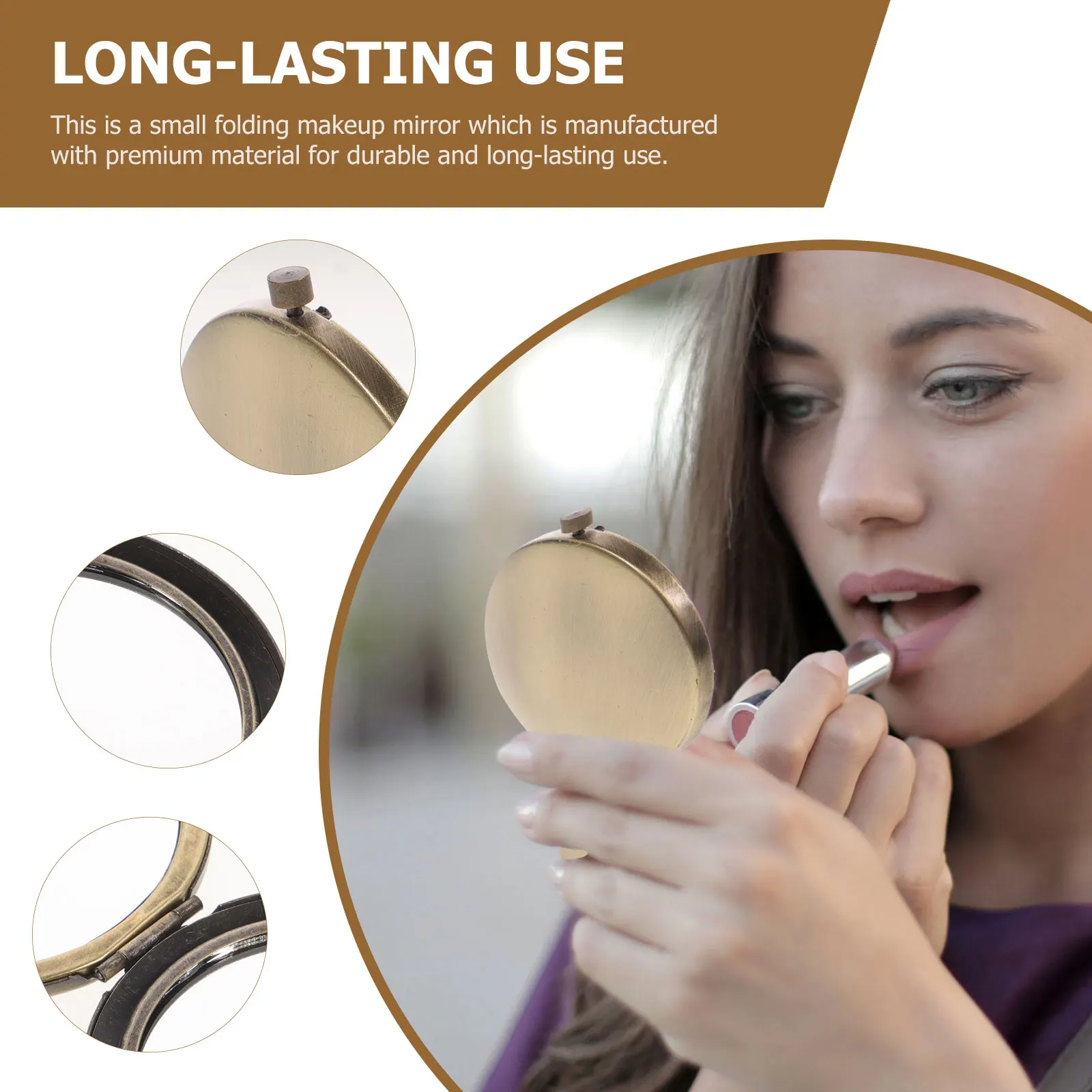 

Portable Makeup Mirror Round Small Retro Folding Vintage Carved Metal Travel Pocket Wood Compact