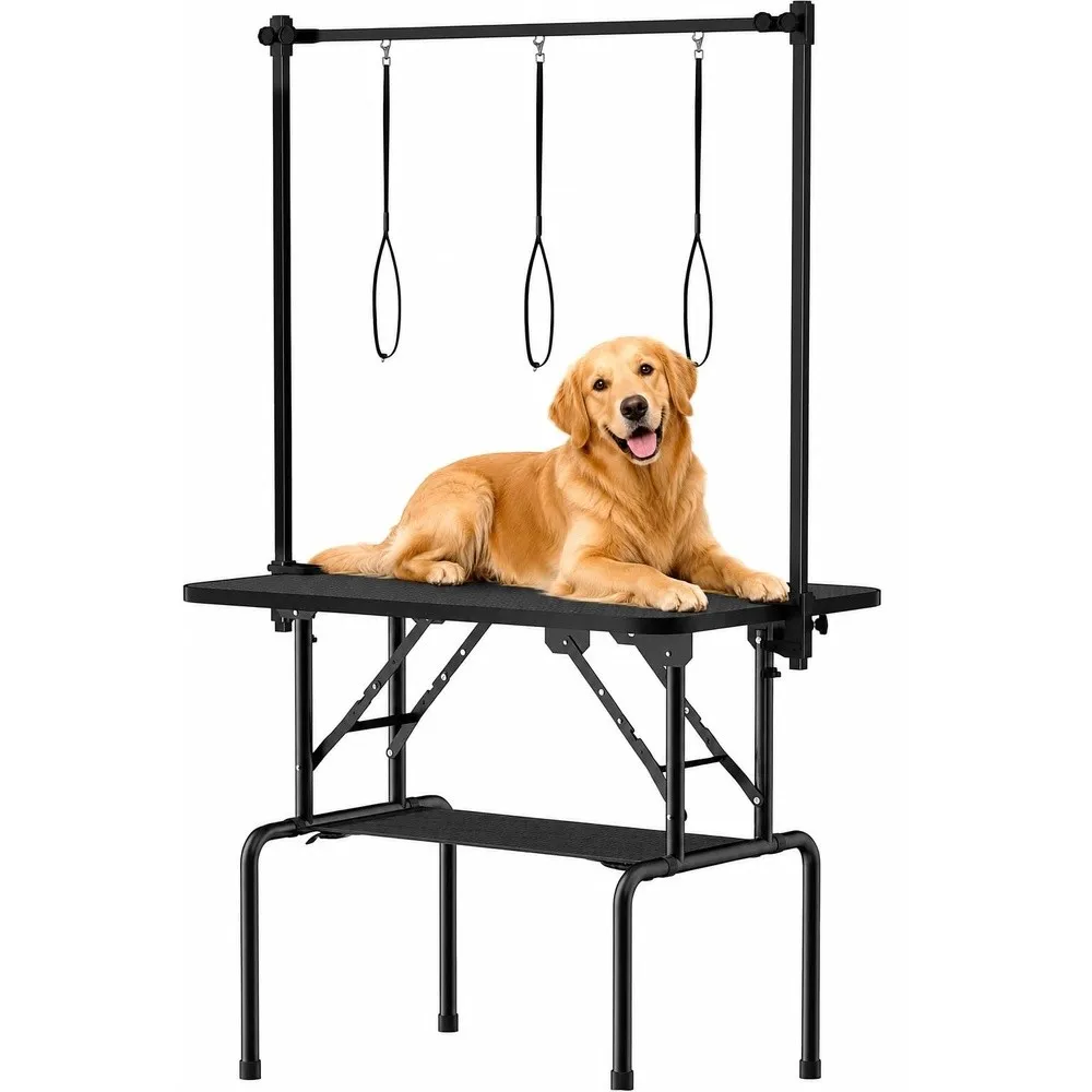 46 Inch Foldable Dog Grooming Table with Adjustable Arm Nooses & Storage Basket Non Slip Pet Grooming Station for Dogs