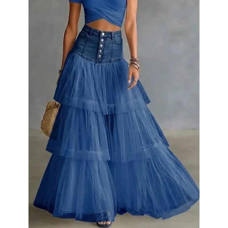Mesh Cake Skirt For Women 2026 Spring/summer New Multi-layered Flared High-end Long Patchwork Tulle Maxi Skirts Bohemian Party