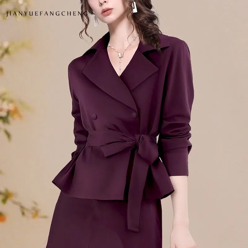 

Elegant Suit Collar Women' Long Sleeve Casual Blazer With Belt 2025 Fall New Office Ladies Work Coat Jackets