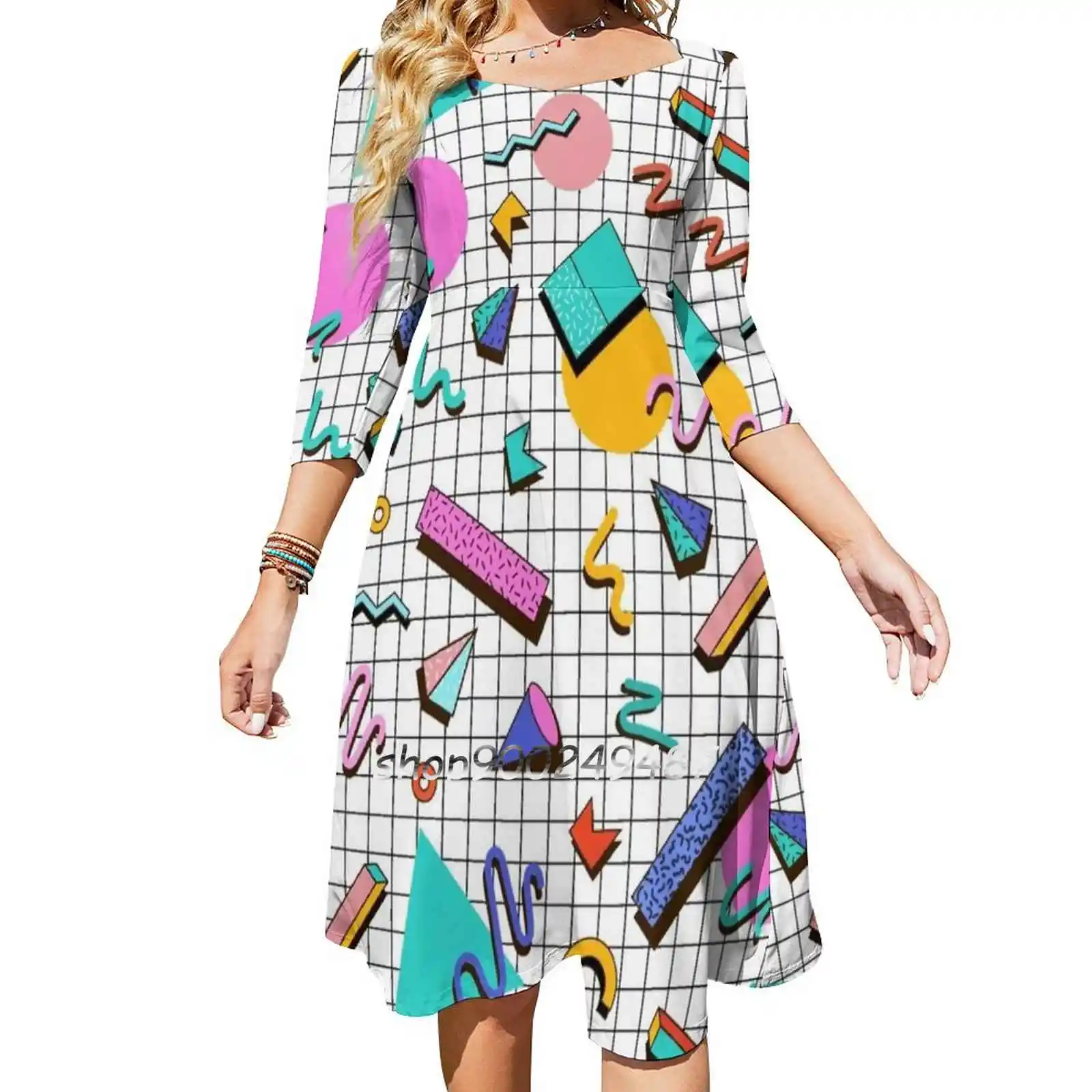 Funky 80S Eighties Memphis Pattern Design Sweet Elegant Dress Women Korean Kawaii Square Collar Dress 80S Retro Design 80S