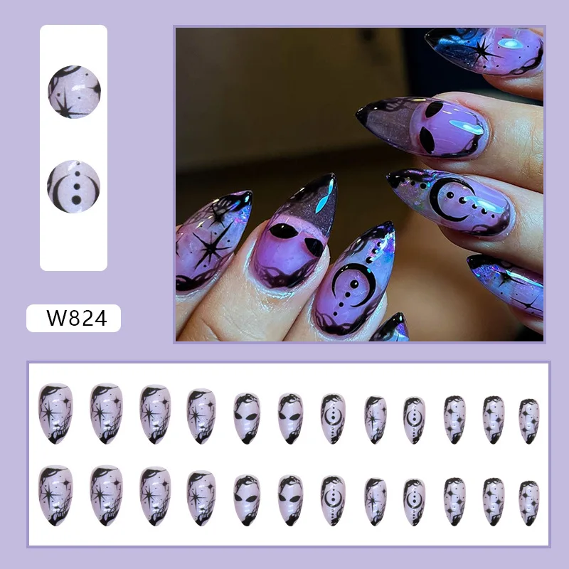 

24Pcs Medium Almond Press on Nails - Halloween Aurora Purple with Moon and Star Designs | For Women & Girls