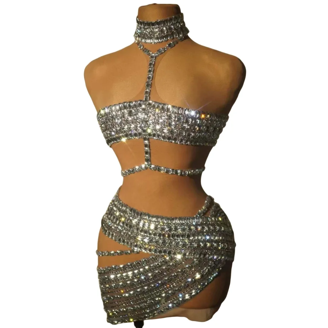 Women Sleeveless Drag Queen Outfit Night Bar Club Stage Wear Celebrate Glitter Costume Shinning Mesh Rhinestone Short Dress