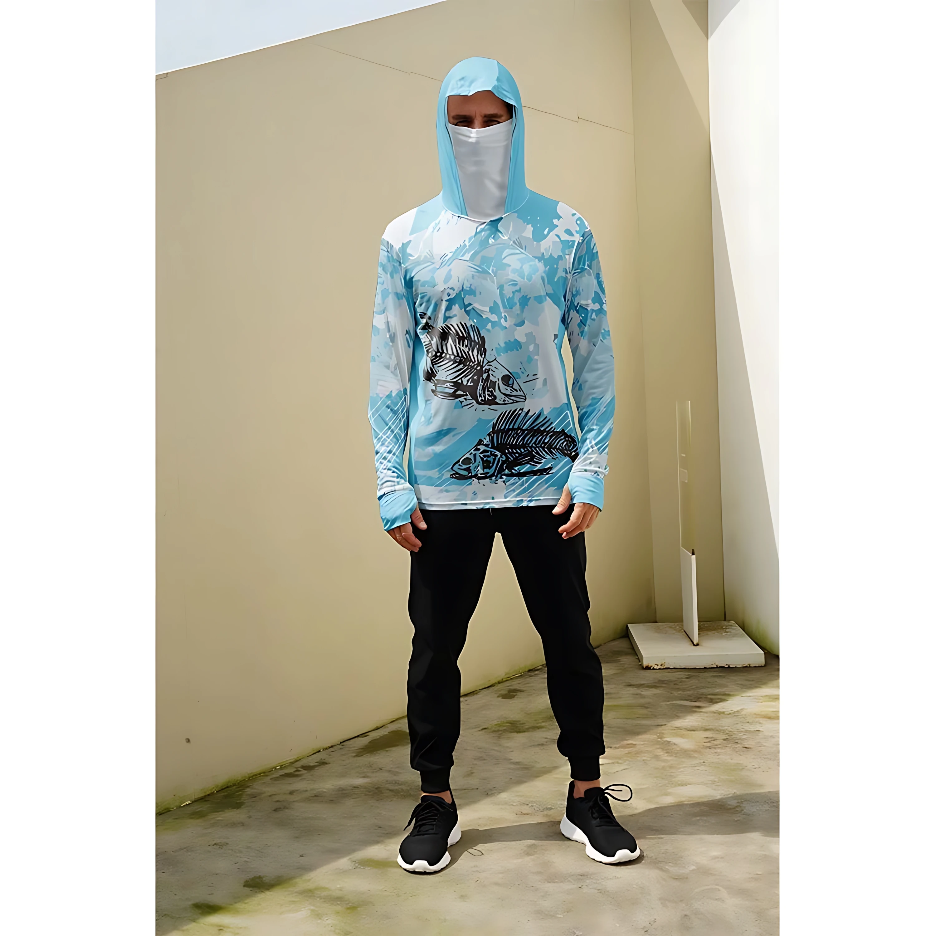 Men's long-sleeved T-shirt with sun protection hooded jacket protective mask one-piece outdoor long-sleeved top view 5
