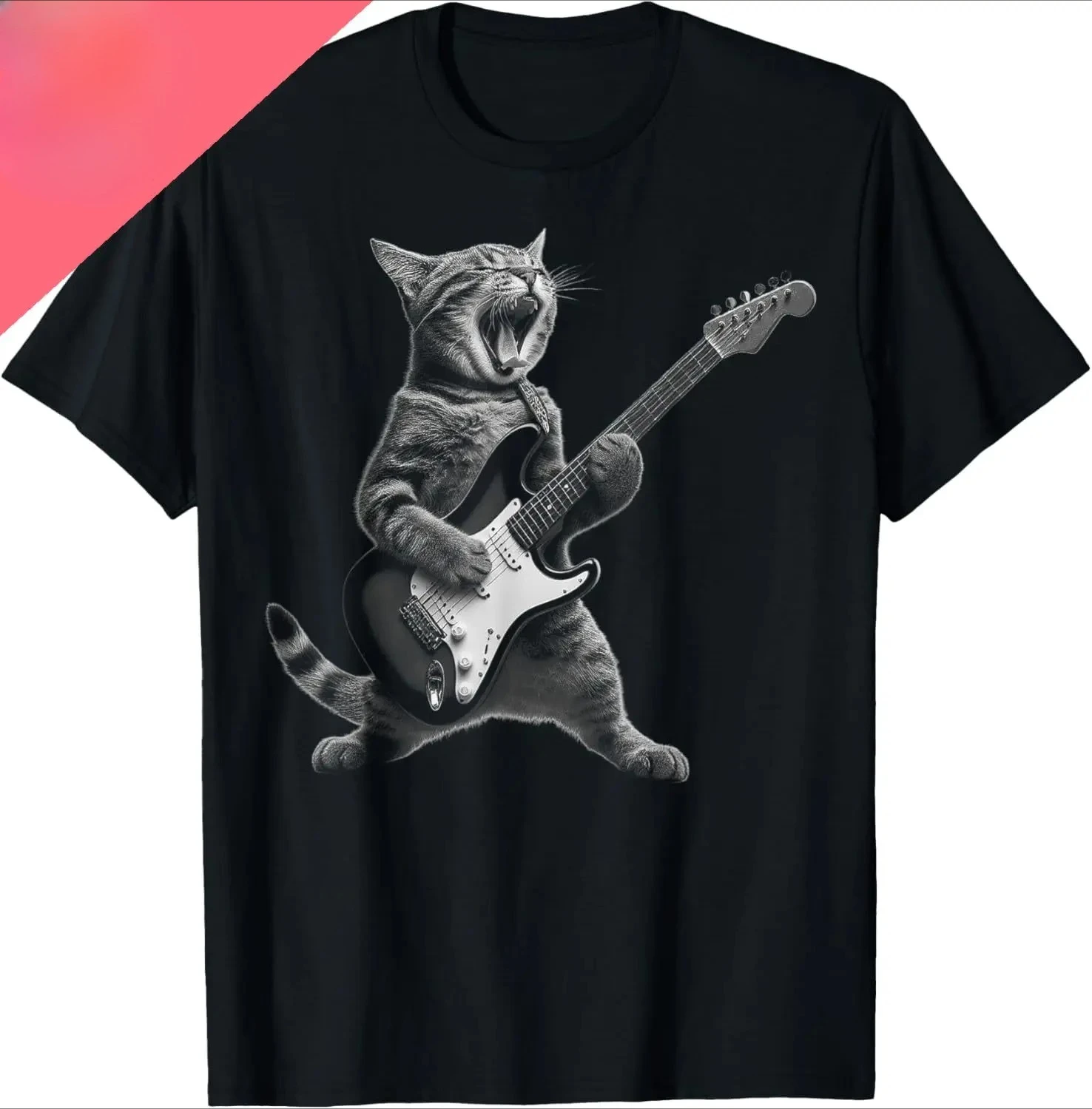 Cat Playing Guitar Rock Star Printed T-shirt Design Gift T-shirt Women Clothing Fashion Summer Streetwear Graphic T Shirts Y2K