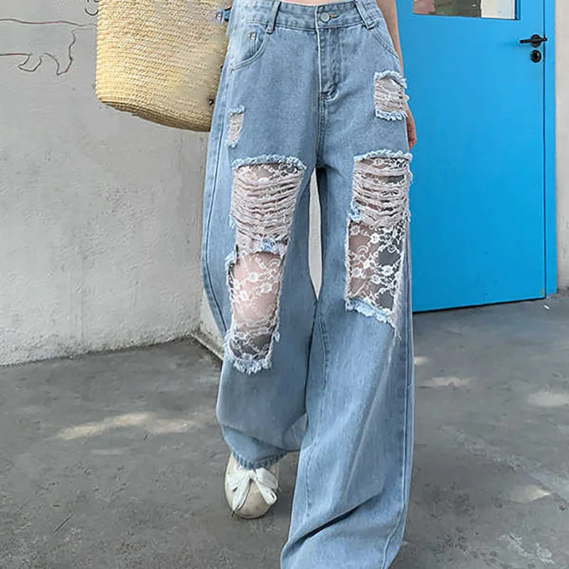 Épissure dentelle trou Denim pantalon femmes été mince Style américain rétro jambe large jean droit surdimensionné taille haute pantalon