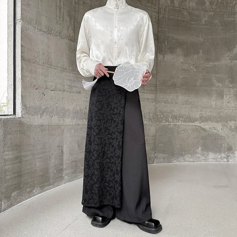 Men Chic Lace Patchwork Vintage Pants Male Summer Asymmetric Trendy Fashion Pantalon Gentleman Party Club Festival Skirt Pants