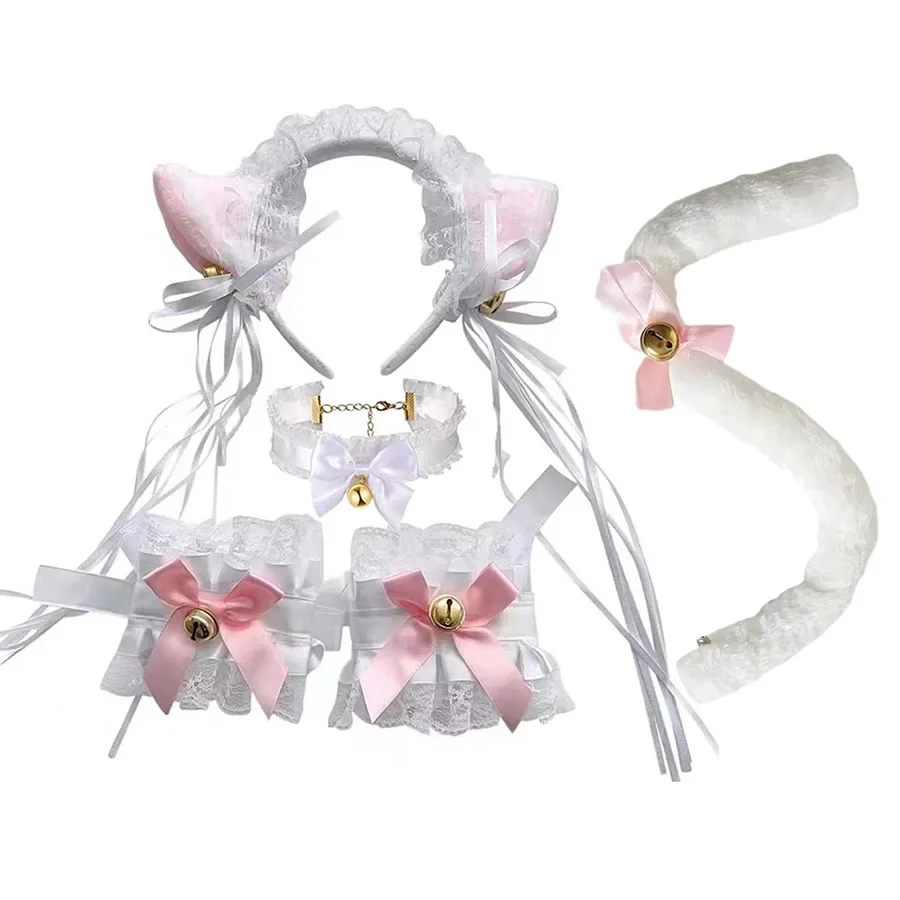 Sexy Lace Collar Bracelet Tail 4pcs Set Cute Girl Cat Ear Headband Headband Role Play Accessories Tassel Headdress Dress Up Set