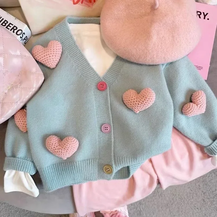 Children\'s Sweater Korean Baby Kids Clothing Autumn Girls\' Knitted Cardigan Three Dimensional Love Sweater Coat