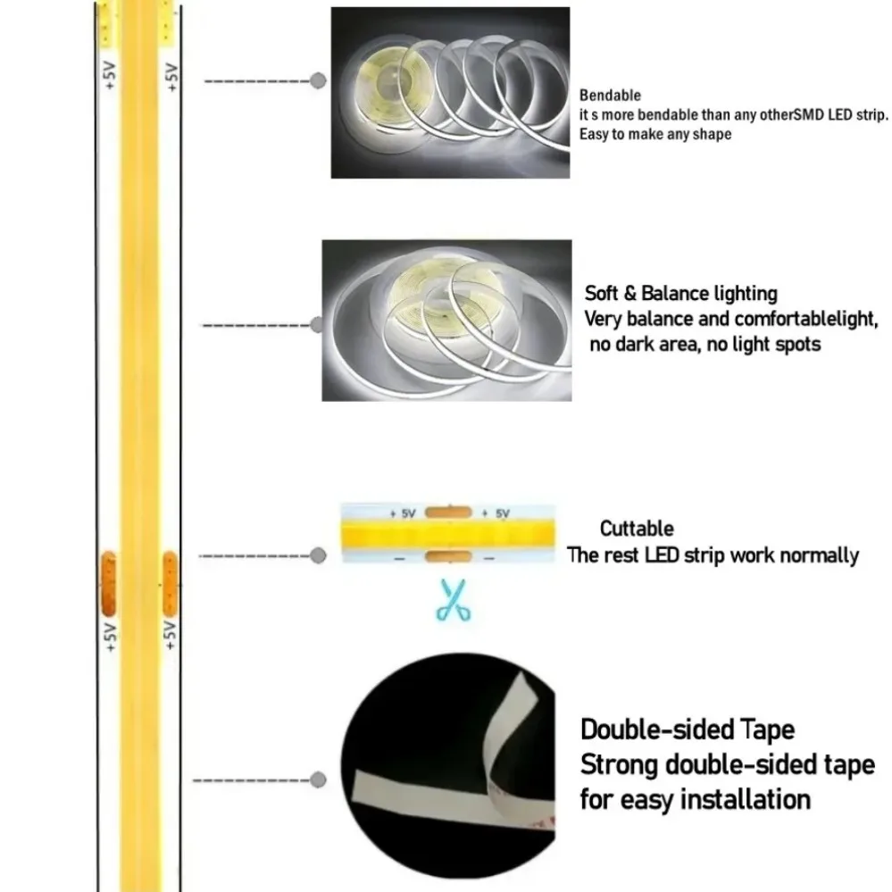 DC5V 320 diod LED/M USB COB Strip Dekoracja pokoju Oświetlenie szafki Lampa TV Podświetlenie Elastyczna wstążka Lina Taśma LED Ciepłe światło