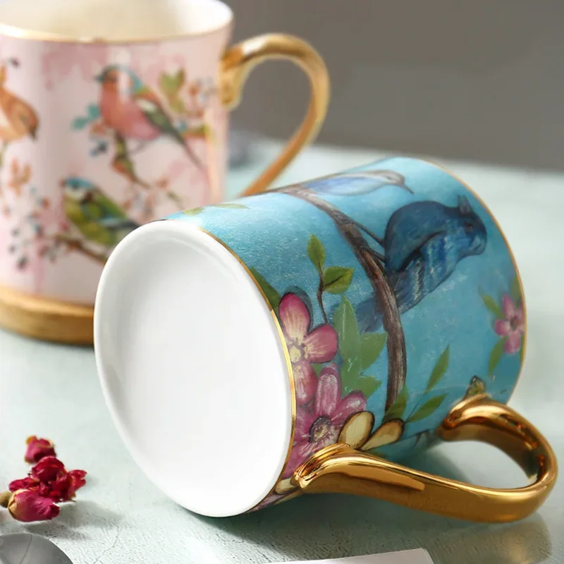 380ml Bone China Coffee Mugs European Bird Pattern Light Luxury British Afternoon Tea Flower Cup Couple Mug Ceramic Gift