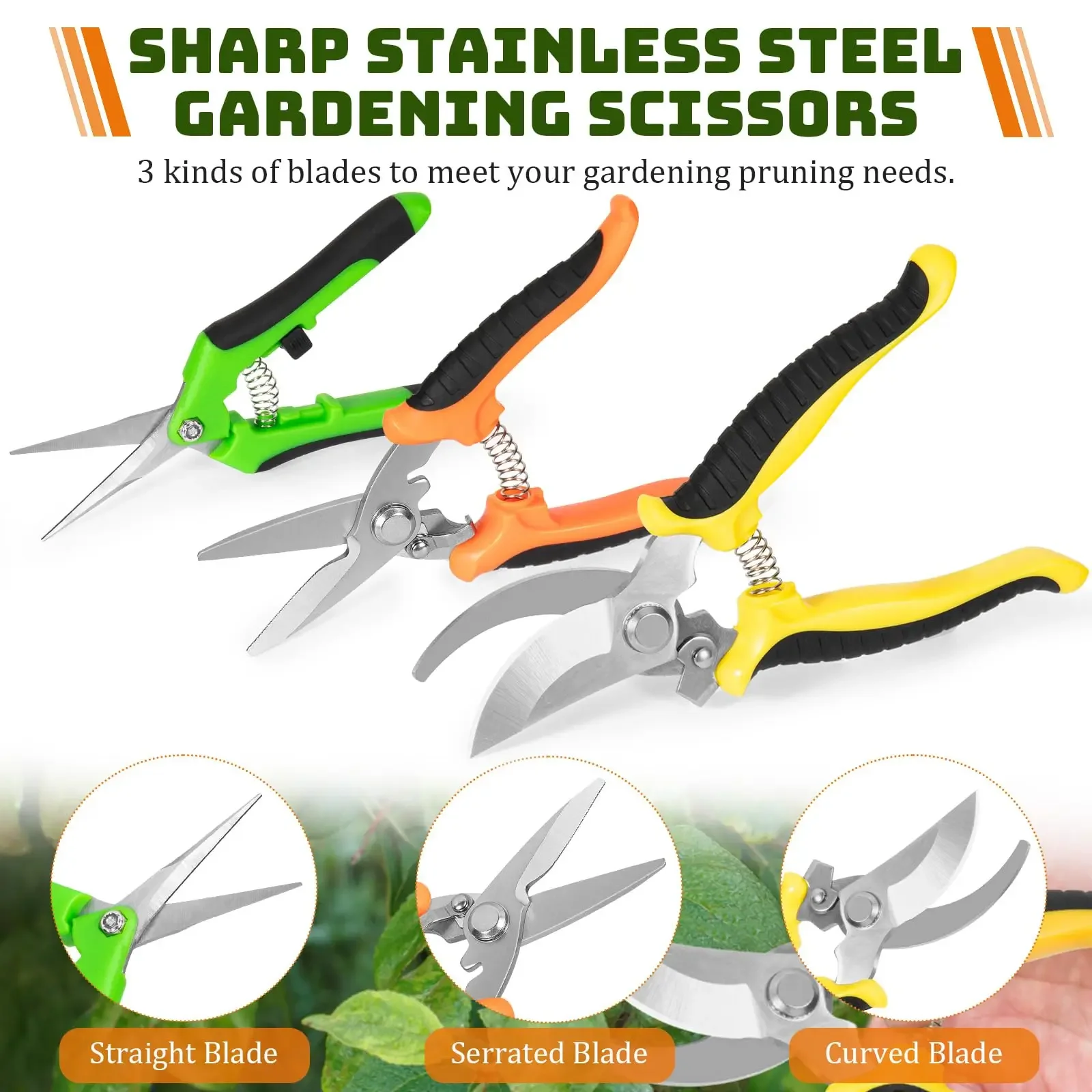 3 Pack Garden Pruning Shears Set Stainless Steel Scissors Clippers Pruning Snips Shears Hand Tools for Flowers Leaves Potted