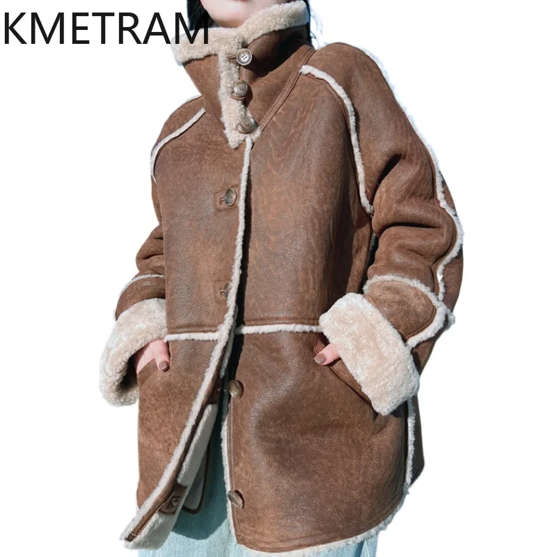 

Двусторонняя меховая куртка из натуральной овчины, женская винтажная коричневая байкерская шуба из натурального меха, зимняя женская одежда 2025 шуба женская