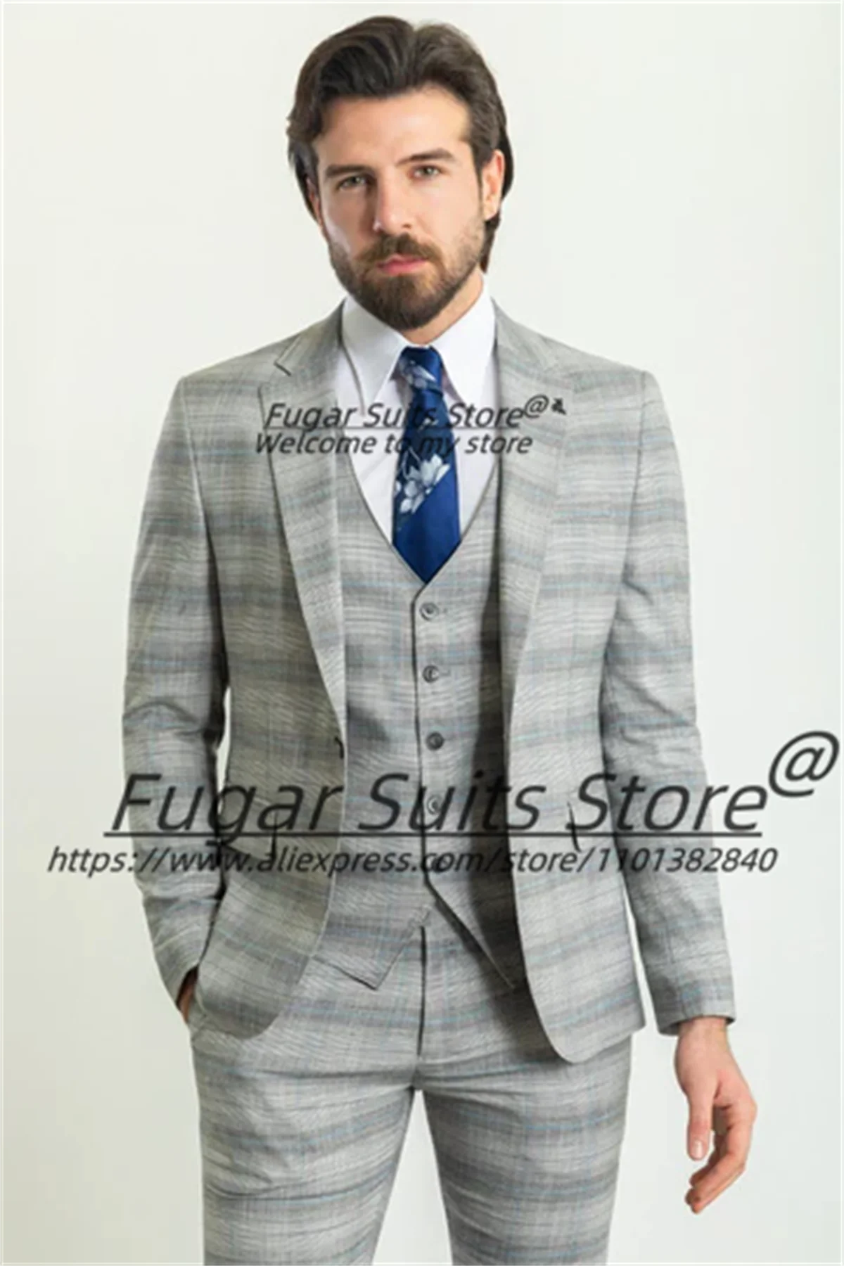 

French style Gray Plaid Men Suits Customized Slim Notched Lapel Groom Wedding Tuxedos 3 Pcs Sets Male Party Blazers Ropa Hombre