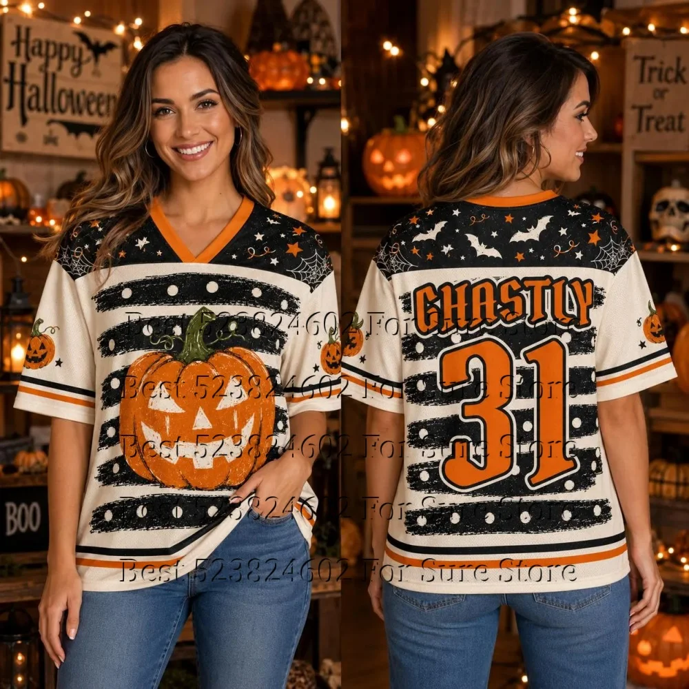 Halloween Spooky Squad Grafik-Mesh-Jersey-Shirt für Damen, Niedlicher Geist-Kürbis, V-Ausschnitt, Kurzarm, Locker, Sportliches Trick-Party-Outfit – Detail 3