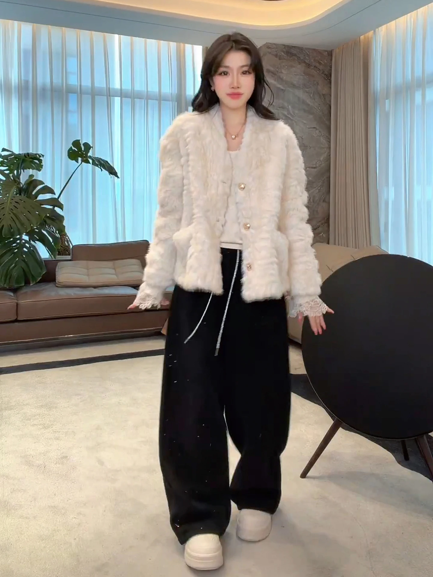 

Женское пальто Me【Thousand Gold Dragon】Pluy с V-образным вырезом, свободного кроя, модное, роскошное, фактурное, из искусственного меха, для женщин