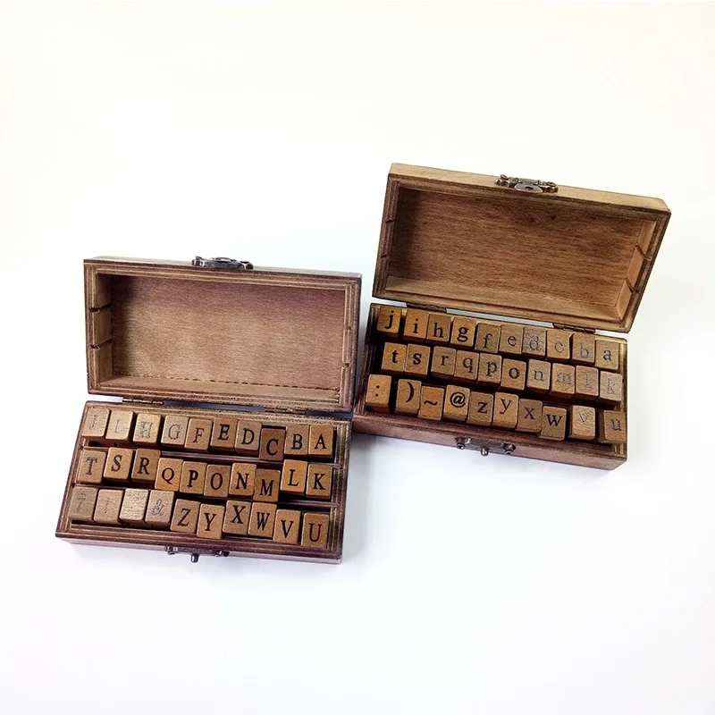 1set Vintage Stationery Stamp Alphabet Letter Stamp Set Uppercase Lowercase Letter Retro Wooden Box