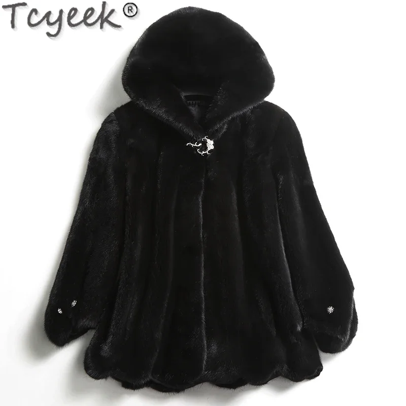 Tcyeek giacca di pelliccia di visone naturale per donna cappotto di visone intero importato giacca di pelliccia da donna invernale cappotti di pelliccia reale con cappuccio nero femminile