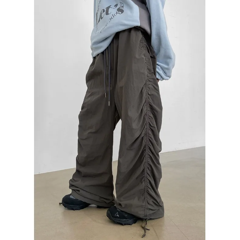 

Ретро-брюки в уличном стиле с высокой талией, широкими штанинами, эластичным поясом на шнурке, повседневные, осенние, модные, однотонные, плиссированные