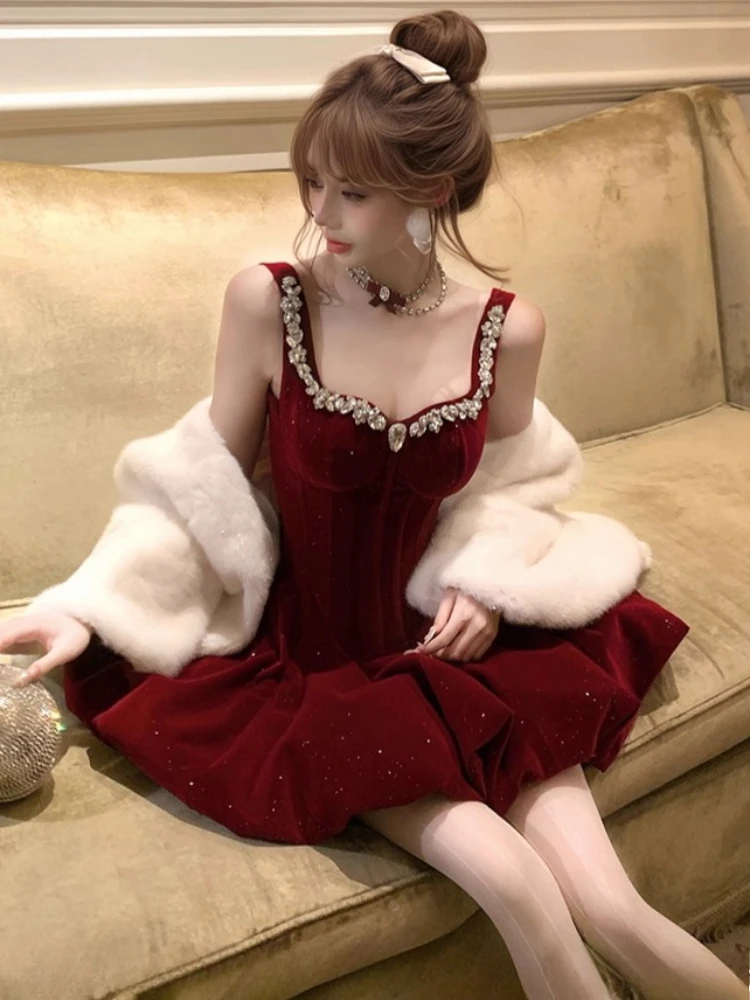 فستان فرنسي عتيق أنيق للأميرة باللون الأحمر للنساء Y2k تصميم مثير من الدانتيل فستان سهرة هاراجوكو كوري أنيق لحفلات أعياد الميلاد #5