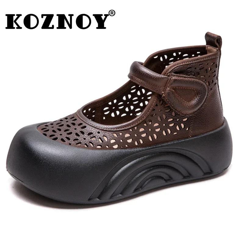 

Koznoy 5.5cm Cow Genuine Leather Comfy Flats Women Mary Jane Loafers Ankle Boots Booties Summer Hollow Platform Wedge Shoes