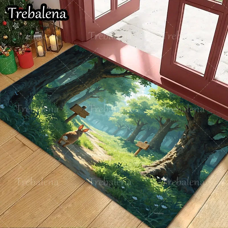 

1pc Welcome Door Mat Forest Path Rabbit Scenery Doormat For Home Decor Entrance Rug