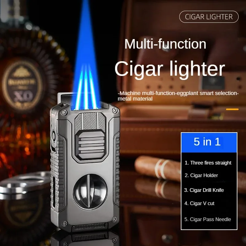 Multifunctional Three-jet Flame Direct Injection Cigar Lighter with Built-in V-shaped Cigar Cutter Portable Five-in-one
