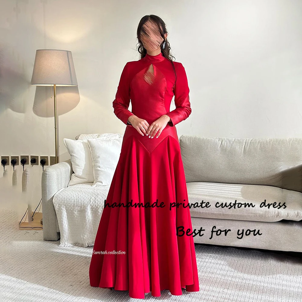 

Red Satin Mermaid Evening Prom Dresses Long Sleeve High Neck Wedding Party Dress Arabian Dubai Formal Occasion Gown Floor Length