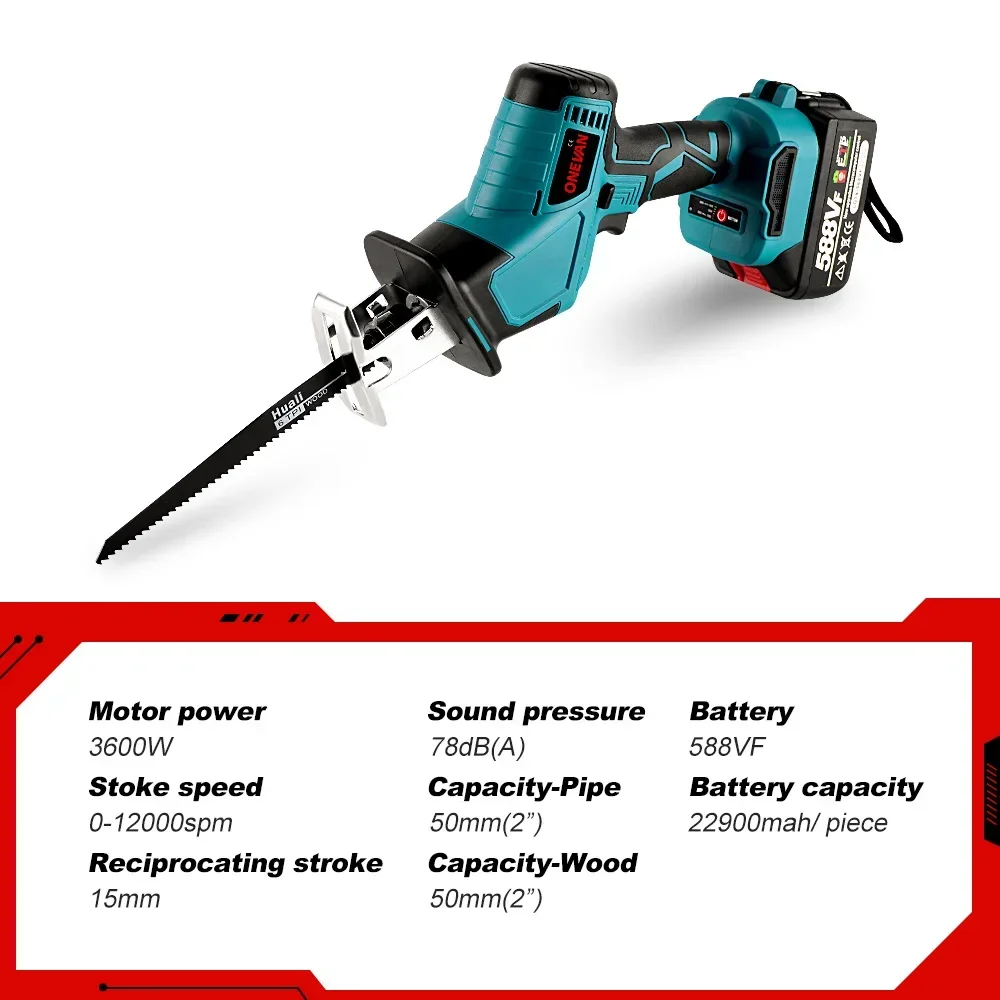 3600W Brushless Electric Reciprocating Saw 12000SPM Cordless Chain Saw Wood Pipe Cutting Power Tools For Makita 18V Battery