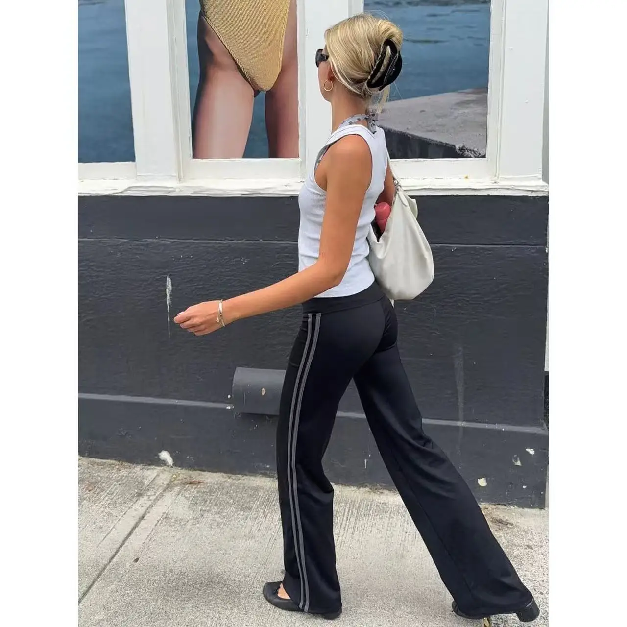 ON Black Minimalist Low Waist Flared Yoga Pants Side Stripe Patchwork Casual Pants