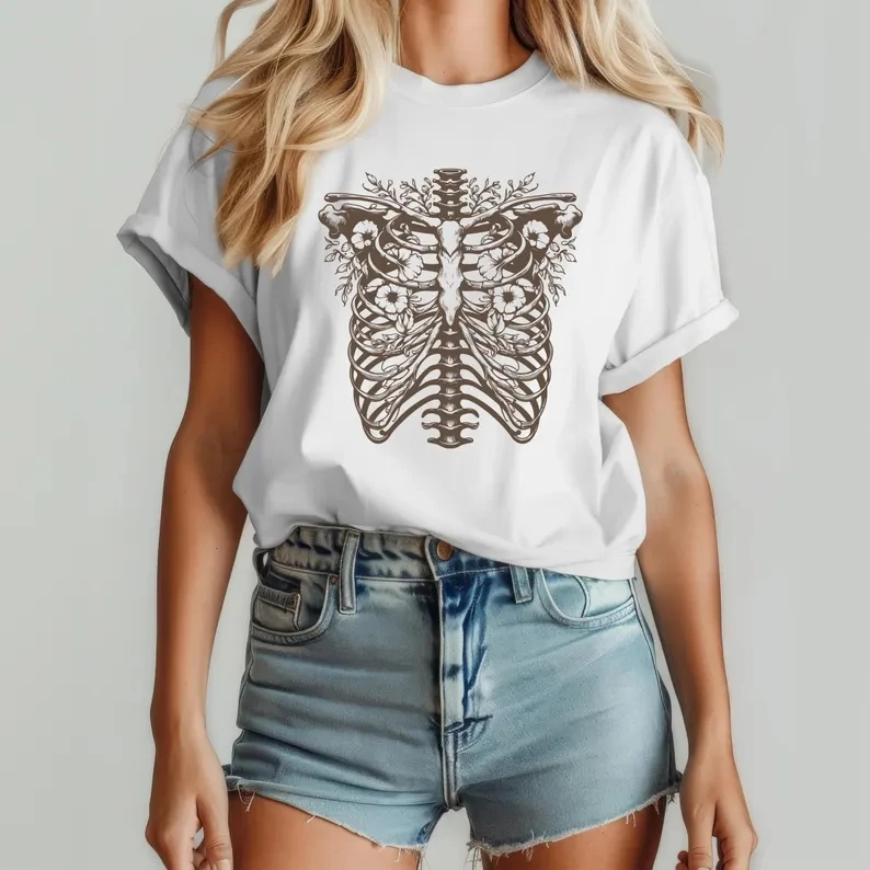 T-shirt Rib Jos pour femmes, Modules floraux, ChimFloral Skull, Cadeau d'art d'anatomie, Vibes effrayantes, Homme et femme