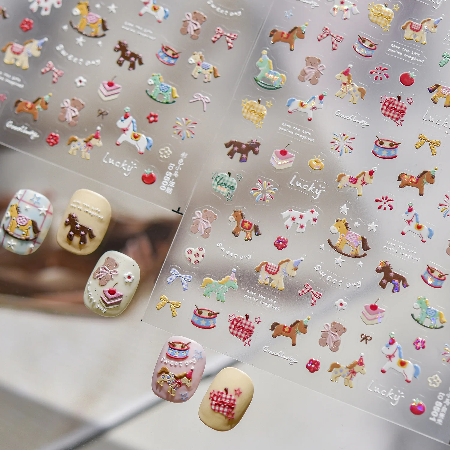Cute Japanese Style Colorful Lucky Horse Swan Bowknot Dessert High Quality Nail Stickers Nail Art Decoration Decal Design T-5496