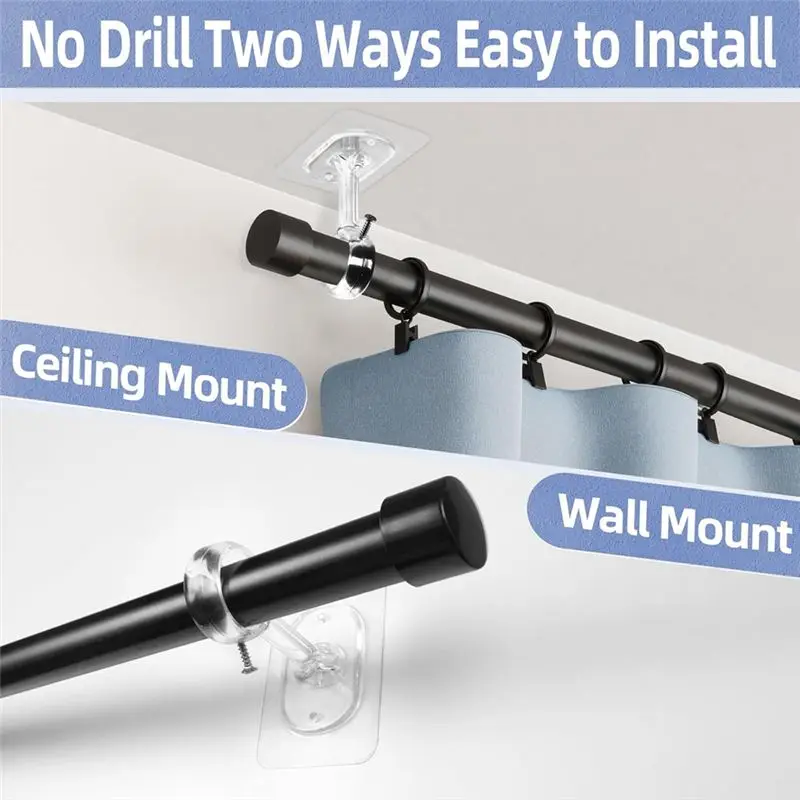 HLZS-Adjustable Hooks Heavy Duty Ceiling Mount Rod Brackets, 6 Pack No Drill Self Adhesive Holders Hanging Transparent