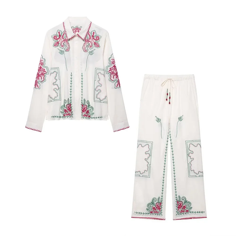 

ZBZA Woman Artistic Embroidery Suit Loose Lapel Long Sleeve Single Breasted Shirt Lace-up Elastic Waist Straight Pants New Suit