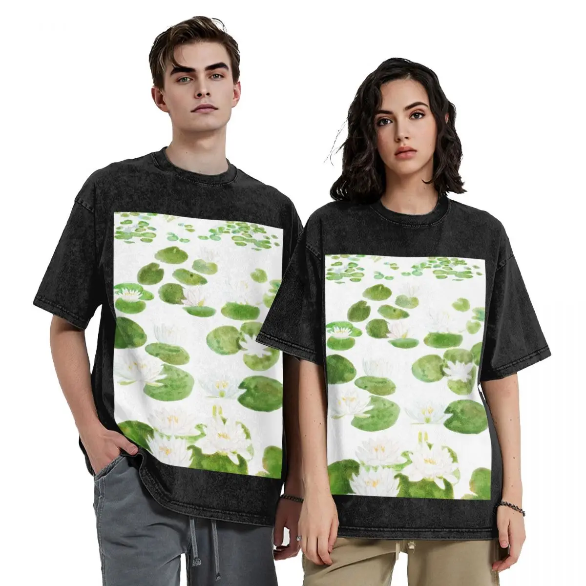 

hand painted white water lily pond watercolor painting T-Shirt summer 2025 affliction shirts mens plain t shirts