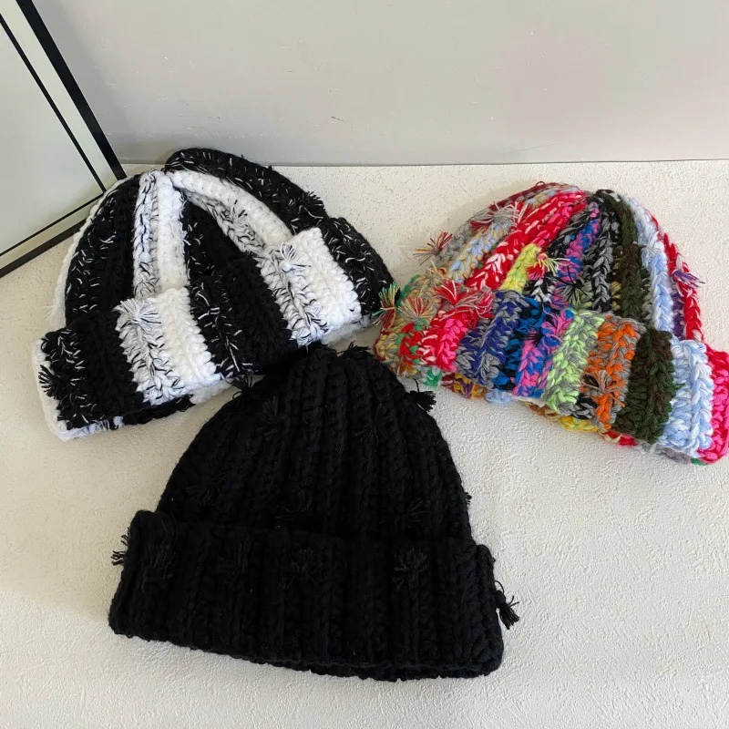 Japanese Hand-crocheted Colored Striped Pullover Knitted Hat for Men and Women Autumn and Winter Fashion Warm Skull Beanie Caps