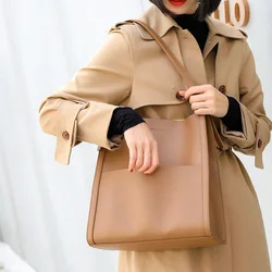 2022 New Lady Tote Simple Design Fashion Bucket Female Colleague Two-layer Cowhide Soft Teenage Gilrs Shoulder Bag Women Handbag