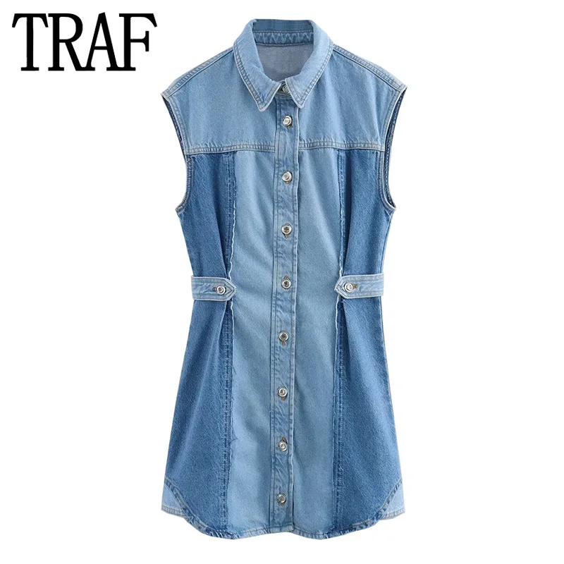 TRAF-Robe chemise en denim patchwork pour femme, robe courte boutonnée, chemise bleue en fibre, robes décontractées d'été, 2024