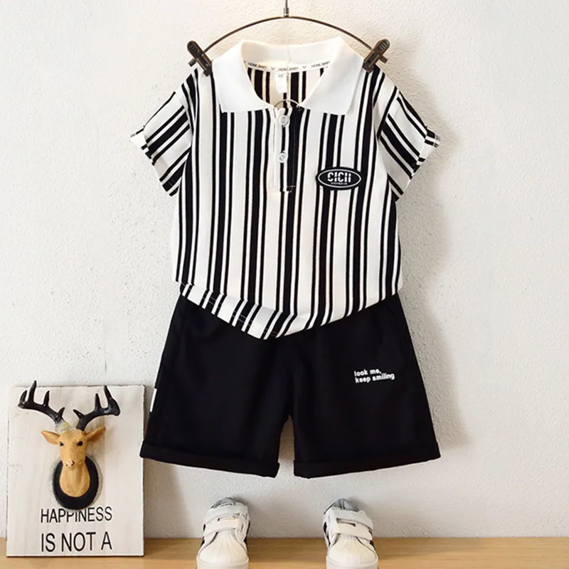 

New Boys Clothes Cotton Summer Baby Suits For 2-12Years Korean Striped T-shirt+Balck Letter Skorts Clothing Sets