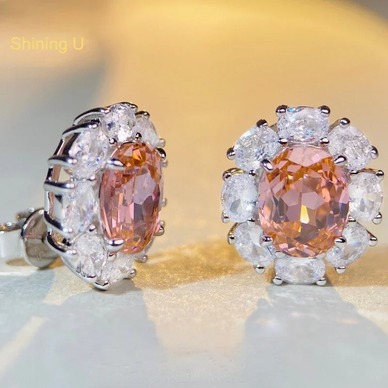 

Shining U S925 Silver Padparadscha Gems High Carbon Diamond Stone Earrings for Women Fine Jewelry Gift Banquet